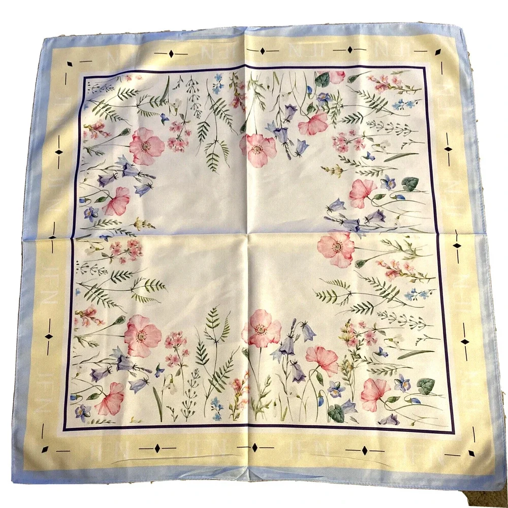 JFN Just Fashion Now silky square scarf floral motif blue yellow pink romantic